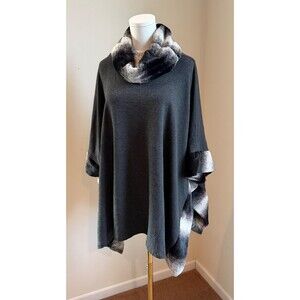 Saks Fifth Avenue Poncho Cape Gray Faux Fur Trim Cowl Neck Oversized XS OS